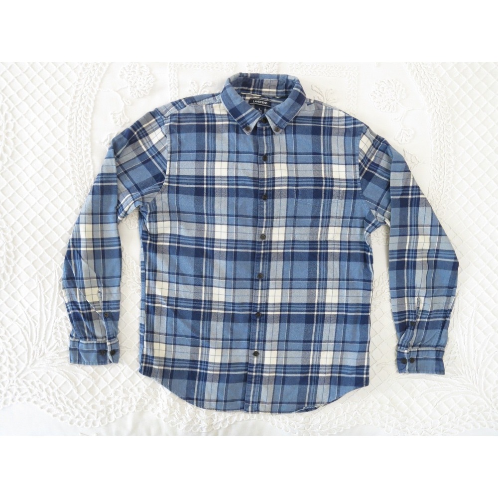 Lands End Men's LargeL(16x161/2) Slim Fit Blue Flannel Plaid Button Down Shirt